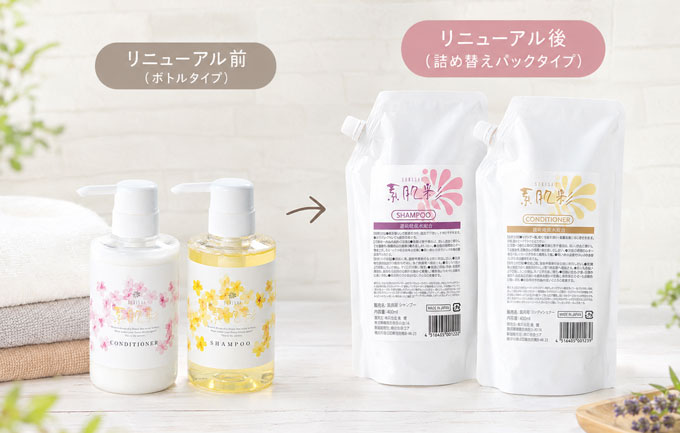 リニューアル前（ボトルタイプ）とリニューアル後（詰め替えパックタイプ）のイメージ